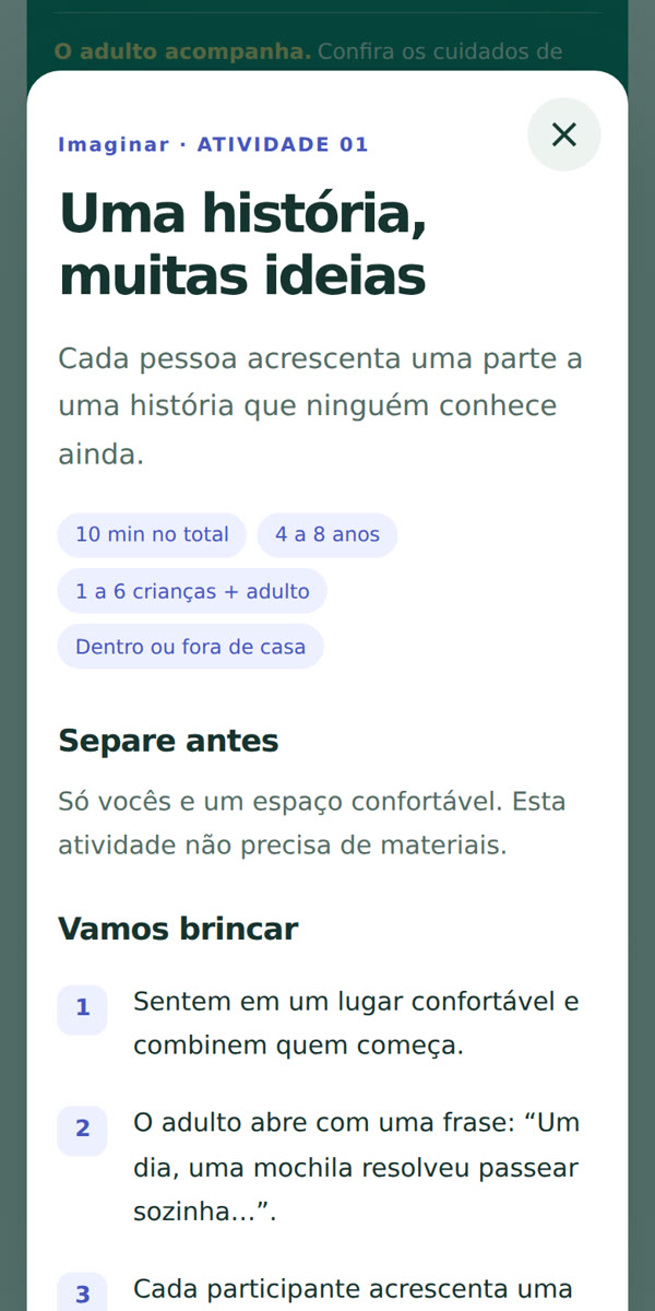 Tela do Brinca Agora com a brincadeira Uma história, muitas ideias: tempo, idade, número de crianças e os passos